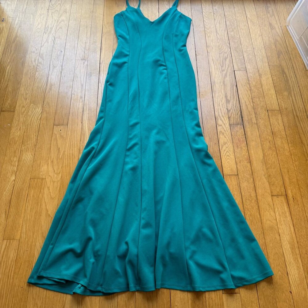 Vintage Y2K Jump Apparel Size 3/4 Teal Green V-Neck Seamed Mermaid Evening Gown - Picture 16 of 16
